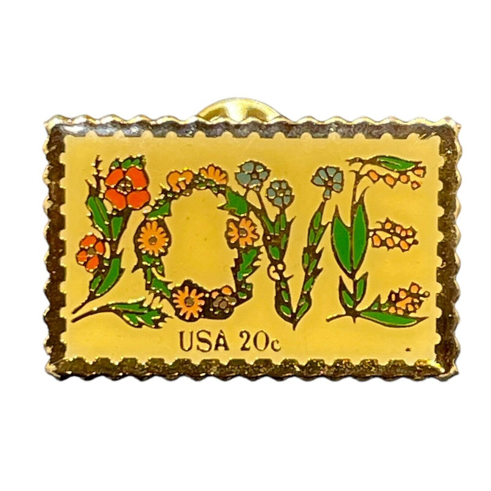 Vintage JG&A Love 20c Stamp Pin Flower Design. Enamel. USPS 1982 EUC